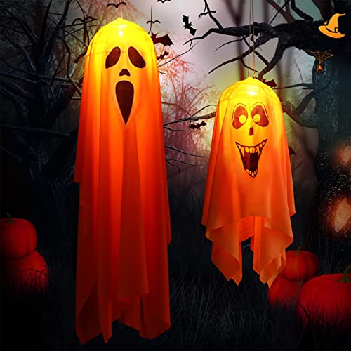 2 Stück Halloween Geist Hängende Anhänger,Halloween Aufhängen Geister Mit Led Lichtern,Halloween Deko Geist,Halloween Windsäcke Geist Hängen Geistergesicht Mit Lichter,Halloween Deko Garten Aufblasbar