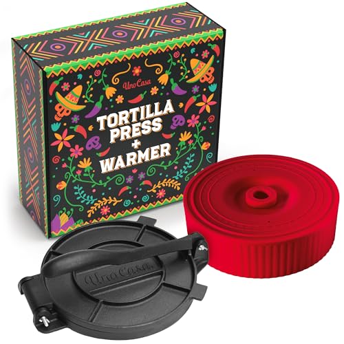 Uno Casa Tortilla-Presse aus Gusseisen, 20,3 cm, mit Tortilla-Wärmer – Set mit vorbehandeltem Quesadilla-, Roti- und Pataconera-Maker mit Taco-Schalenwärmer, inklusive 100 Stück Pergamentpapier