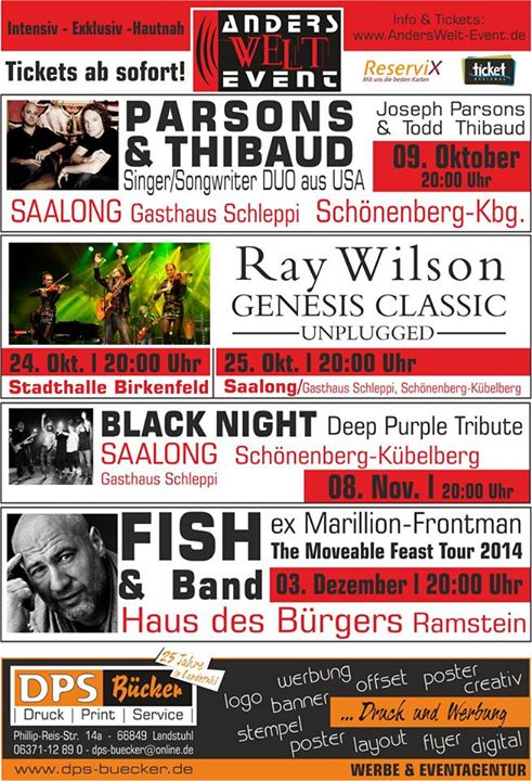 Herbstoffensive bei AndersWelt: Parsons & Thibaud, Ray Wilson und Fish in der Pfalz
